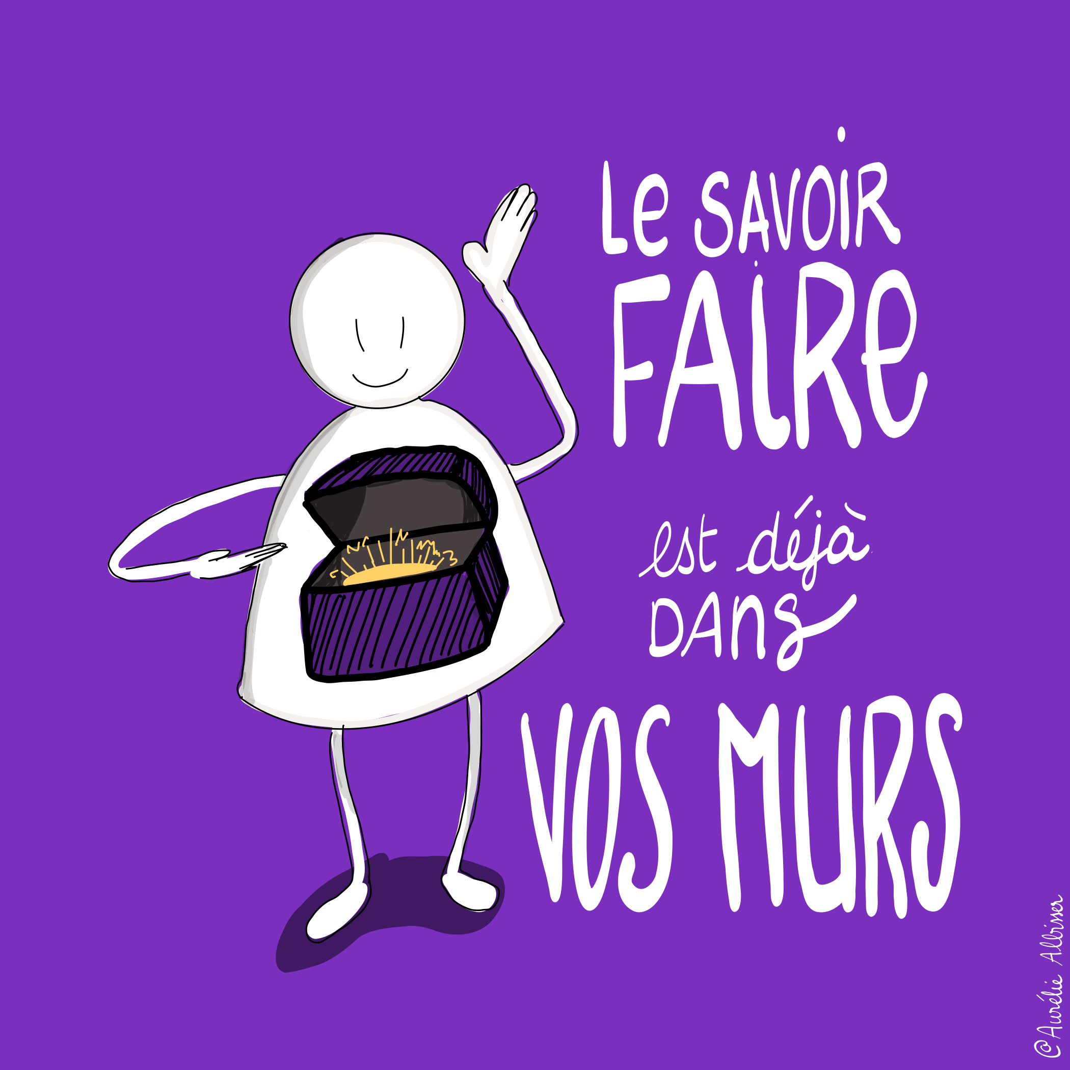 Dessin d'un personnage souriant qui salue d'une main et montre de l'autre un coffre ouvert et lumineux dans son ventre, avec le texte : Le savoir-faire est déjà dans vos murs.